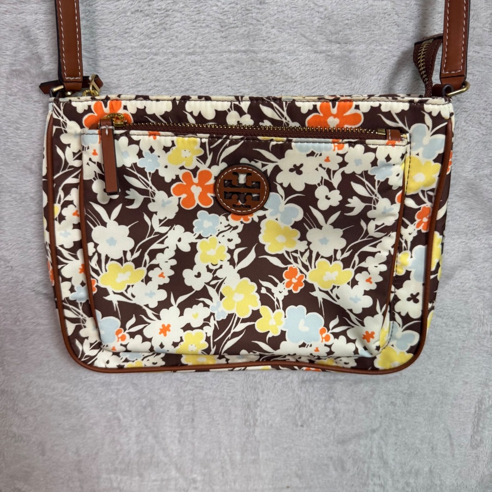 Tory Burch Womens Floral Nylon Crossbody Bag Brown Yellow Blue Boho